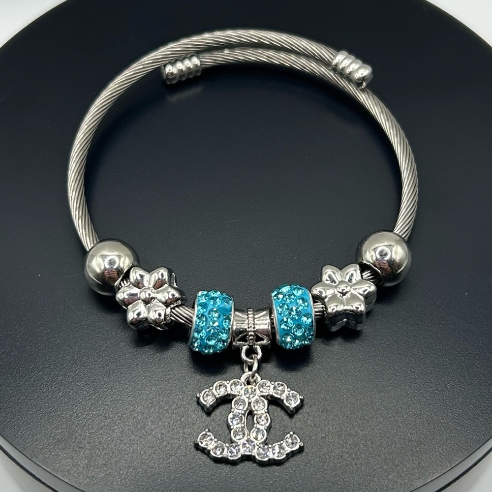 Trendy Silver and Blue Charm Bracelet